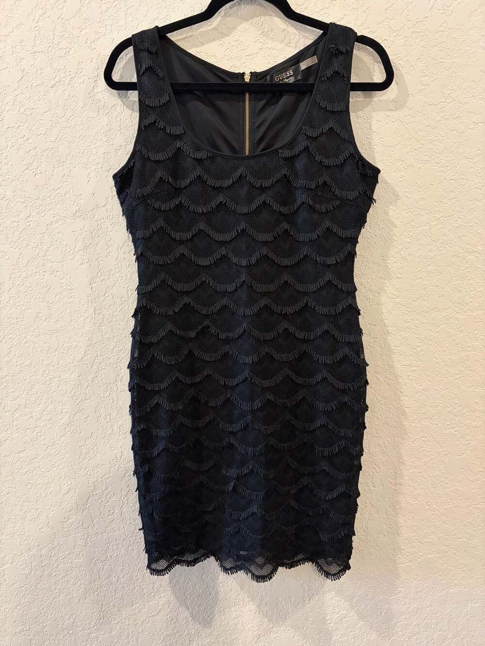 GUESS Los Angeles Sleeveless Black Scalloped Fringe Sheath Dress